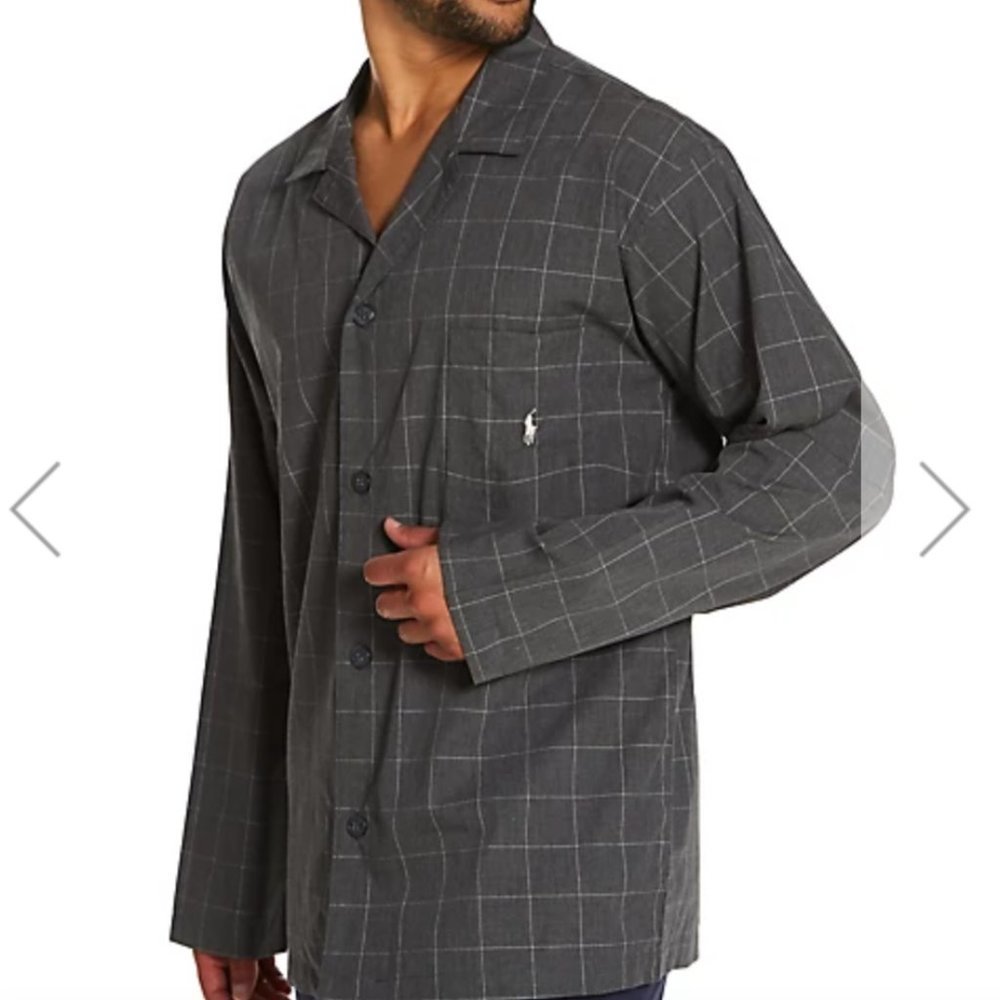 🏇Polo Ralph Lauren PJ shirt Grey Windowpane Cotton Pajama Shirt Medium NWT
